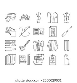 dressmaking fashion sewing style icons set vector. couture tailor, hemline seamstress, silhouette textile, embroidery, draping, pleats dressmaking fashion sewing style black contour illustrations