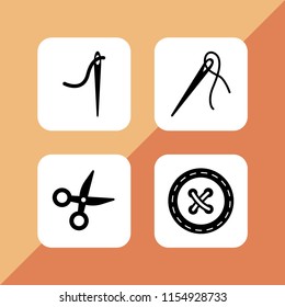 dressmaking icon. 4 dressmaking set with scissor, needle with thread to sew clothes, tailor and clothes button vector icons for web and mobile app