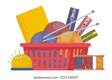 Dressmaking icons composition. Balls of yarn with knitting needles. Tools for knitwork, handicraft, crocheting, hand-knitting. Accessories, supplies, equipment to sew cloth. Tailoring studio. Vector