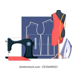 Dressmaking icons composition. Tailors accessories, supplies and equipment to sew cloth. Tailoring studio. Vector