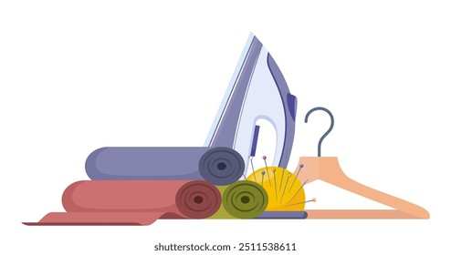 Dressmaking icons composition. Tailors accessories, supplies and equipment to sew cloth. Tailoring studio. Vector