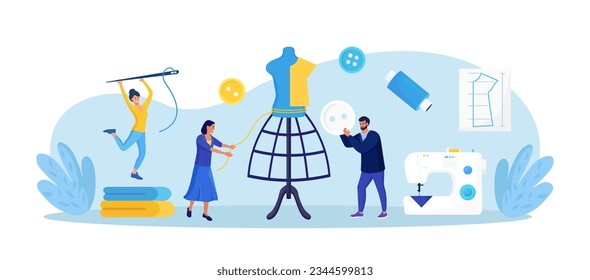 Dressmaking, sewing workshop or courses. Fashion designer are tailoring clothes. Sewing tools, needle, threads, mannequin. Dressmakers create outfit and apparel on sewing machine. Needlework