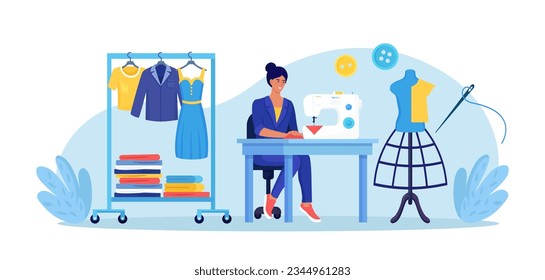 Dressmaking, sewing workshop or courses. Fashion designer are tailoring clothes. Sewing tools, needle, threads, mannequin. Dressmaker create outfit and apparel on sewing machine. Needlework