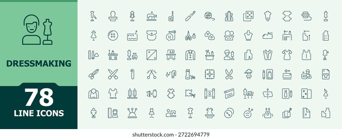 Conjunto de iconos de línea de Vector de confección. Conjunto de iconos de moda. Paquete de iconos web. Pictogramas de costura, punto, aguja, textil, punto y más. Arte vectorial editable.