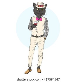 dressy cat man with glass of wine, furry art illustration, fashion animals, hipster animals