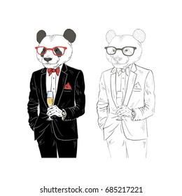dressy panda with champagne, anthropomorphic illustration, fashion animals