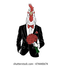 dressy rooster with flowers, anthropomorphic illustration, holidays character