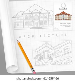 ?rchitect drew plan of building facade with terrace and made calculations, cottage drawing detailed specification on paper. Vector illustration.
