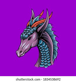 Cabeza de dragón dibujada aislada en fondo violeta.