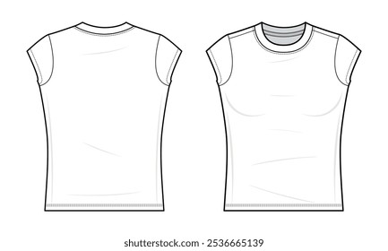 Dri FIT T-shirt flat technical fashion illustration. Short sleeve Running shirt vector template illustration. front and back view. Slim fit. Sportswear. Women’s. white color. CAD mockup.