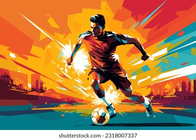 Dribbling soccer player with football ball, flat art style colorful poster, vector illustration.