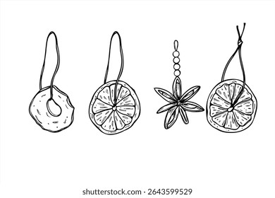 Dried apple and orange slices, anise stars hanging on strings black and white vector set. Handmade winter fruit decor for Scandinavian Christmas, eco friendly holiday ornament, rustic tree decoration