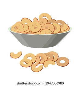 Dried apples, apple slices in bowl, pile of dry apples in flat design isolated on white backgtound.