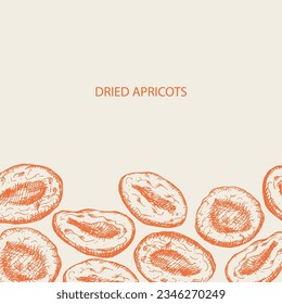 Dried apricots label template background. Hand drawn dry apricot, fresh apricots plant, vector illustration backdrop.Oriental sweets healthy food.For print, label, template, logo, card, design