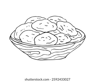 Dried apricots on a wooden bowl. Hand-drawn illustrayion on white background.