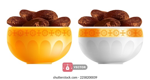 Dried Arabian sweet dates in the golden and white ornate bowl. Islam traditional food for iftar. Isolated on transparent background. Vector realistic 3d illustration