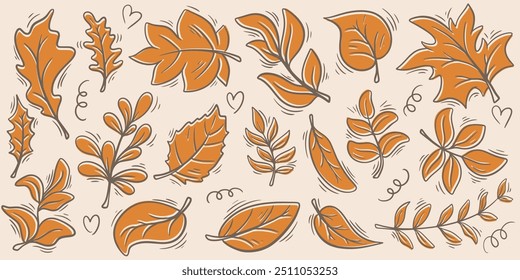 Dried autumn leaves doodle sketch style illustration. Falling colorful orange foliage of different trees. Fall season hand drawn natural elements collection, vector graphics