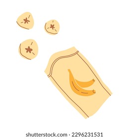 Dried banana chips icon, vector doodle illustration of healthy fruit snack, sugar-free dehydrated banana chunks, vegan sweet food to buy, isolated colored clipart on white background