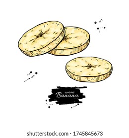 Dried Banana Chips Vector Drawing. Hand Drawn Dehydrated Sliced Fruit Illustration. Healthy Vegan Raw Food Snack. Sketch Of Granola, Cereals And Oat Milk Ingredient.