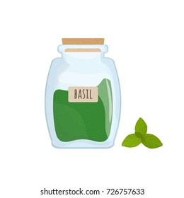 Dried basil leaves stored in glass jar isolated on white background. Aromatic herb, food spice or condiment, cooking ingredient in closed transparent container. Colorful vector illustration.