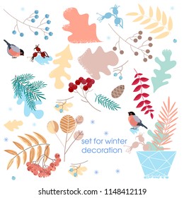 Dried branches and grass. Winter decoration for postcards, posters and stickers. Illustration of the fleet. Pastel shades. Christmas wreath. New Year. Winter bouquet. The bird is pecking berries.