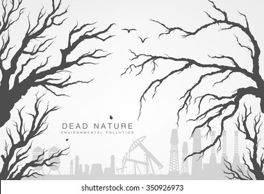 dried branches of trees with mills and factories on a light background