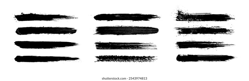 Traçados de escova seca isolados em pincéis acrílicos grunge de fundo branco, textura vetorial, traçados de pincel estêncil. Silhueta de tinta texturizada, traço do desenho da escova. Gráficos vetoriais, conjunto isolado