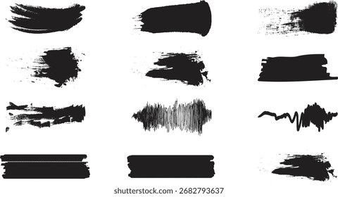 Trazos secos del cepillo aislados en el fondo blanco. Conjunto de pinceles de pintura dibujados a mano negros y muestras de grunge Colección de Vector sobre fondo blanco..eps