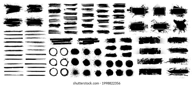 Dried brush strokes and splatter paint smudges for dirty design - logo, banners, flyers, cards, text box. Template hipsters stickers. Mud brushstroke, lines grunge, ink stencil, grunge. Vector set