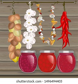 Dried bunch of mushrooms, garlic, onions, red pepper jars of jam with jam on a wooden wall background. Vector illustration