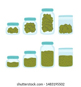 Dried cannabis buds in different jars and bag - vector illustration with white background