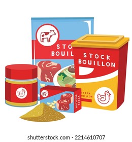 Dried Chicken Seasoning Powder and  Beef Stock Bouillon Powder on white background vector illustration