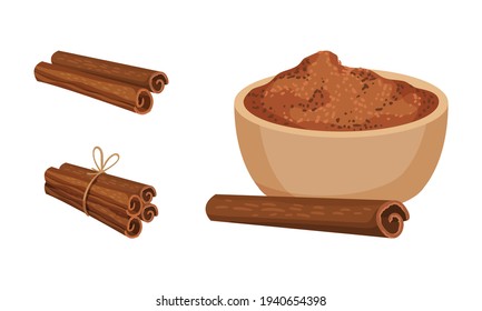 Dried Cinnamon Bark Strips and Bark Powder in Bowl Vector Set