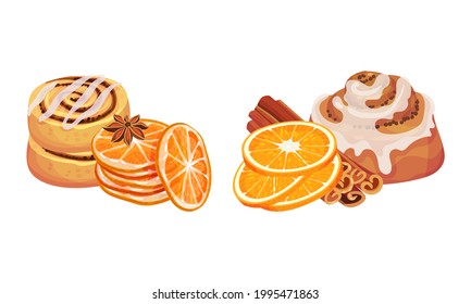 Dried Cinnamon Bark Strips or Sticks with Bun and Orange Slices Vector Set