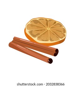 Dried Cinnamon Bark Strips or Sticks with Orange Slices Vector Set on a white isolated background. Vector illustration.