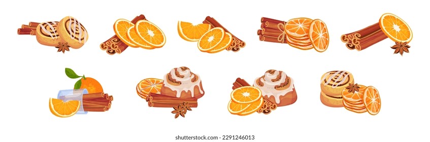 Dried Cinnamon Bark Strips or Sticks with Orange Slices and Sweet Bun Vector Set