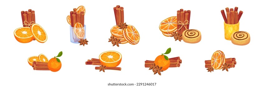 Dried Cinnamon Bark Strips or Sticks with Orange Slices and Sweet Bun Vector Set