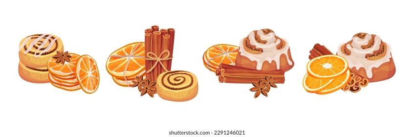 Dried Cinnamon Bark Strips or Sticks with Orange Slices and Sweet Bun Vector Set