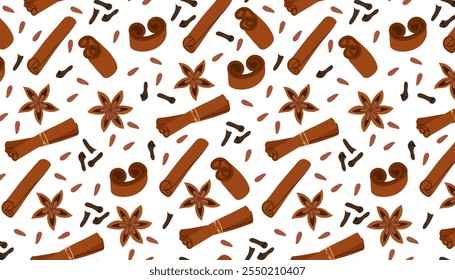 Dried cinnamon, cloves and aniseed. Ingredient for drinks, baking or other cooking. Natural Indian spice. Seamless pattern for textile, wrapping paper, background.