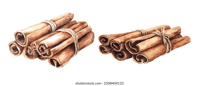 Dried Cinnamon Watercolor Illustration. Hand-Drawn Organic Spice from Tree Bark. Natural Cinnamon Pile for Medicine, Food, and Aromatherapy. Isolated on White Background