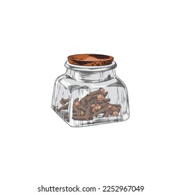 Dried cloves in glass jar with lid, colored sketch vector illustration isolated on white background. Hand drawn cooking ingredient. Aromatic condiment storage.