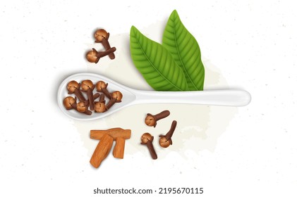 Dried Cloves Spices vector illustration with green leaves and cinnamon stick pieces