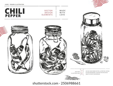 Dried, crushed and chopped chili peppers in glass spice jars. Outline hand drawn vector illustration. Vintage kitchen background. Isolated hatching black objects on white background.