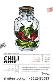 Dried, crushed and chopped chili peppers in glass spice jars. Outline hand drawn vector illustration. Vintage kitchen background. Isolated colorful objects on white background.