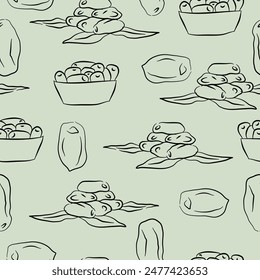 Dried dates in a bowl seamless pattern on neutral green background