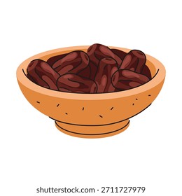 Dátiles secos, fruta o comida árabe. Vector Aperitivo mediterráneo o comida de Oriente Medio. Nutrición arrugada saludable para el postre. Símbolo de cocina o receta. Fiesta o festival gastronómico. Comida natural.