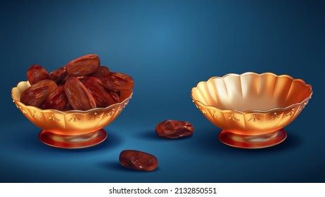 Dried dates in metallic arabesque bowl in 3d illustration isolated on blue background. Sacred staple usually served at Iftar table