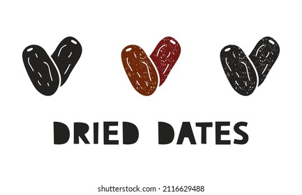 Fechas secas, iconos de silueta con letras. Imitación del sello, impresión con escaramuzas. Simple forma negra e ilustración del vector de color. Elementos aislados dibujados a mano sobre fondo blanco
