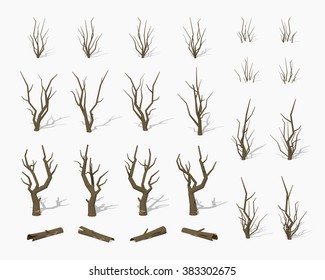 Dried dead trees. 3D lowpoly isometric vector illustration. The set of objects isolated against the white background and shown from different sides