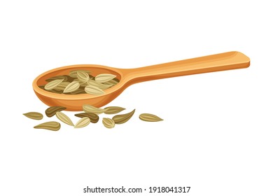 Dried Fennel Fruit as Aromatic Anise-flavored Spice in Wooden Spoon Vector Illustration